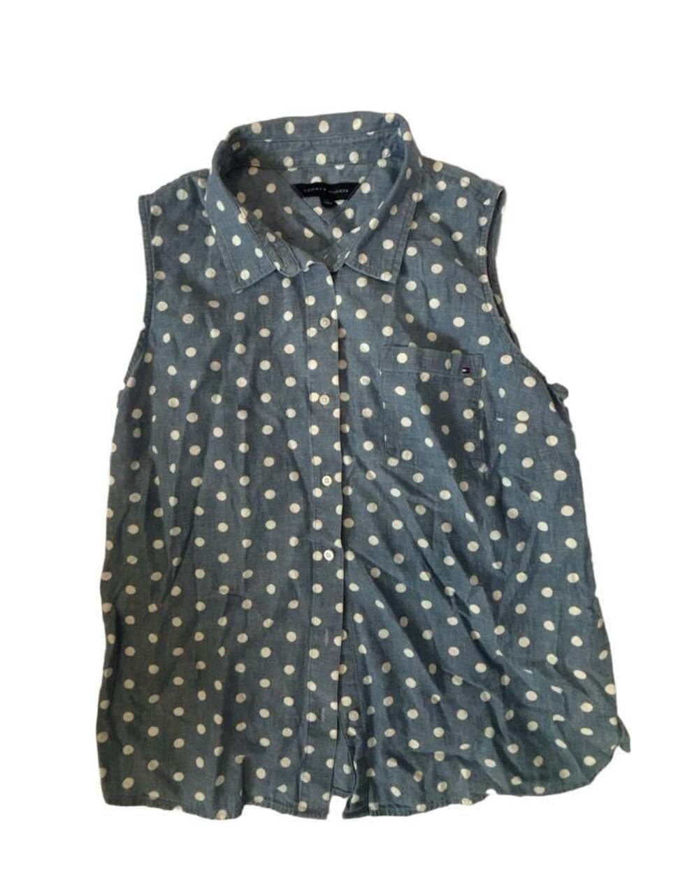 Tommy Hilfiger Womens Sleeveless Blue Denim Polka Dot Button-Up Shirt
